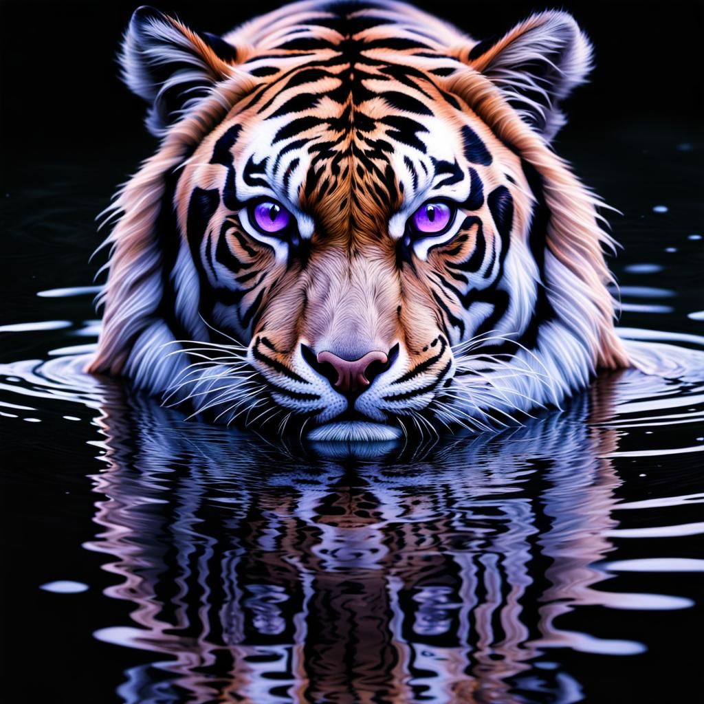 Violet-Eyed Tiger Emerges from Crystal Lake