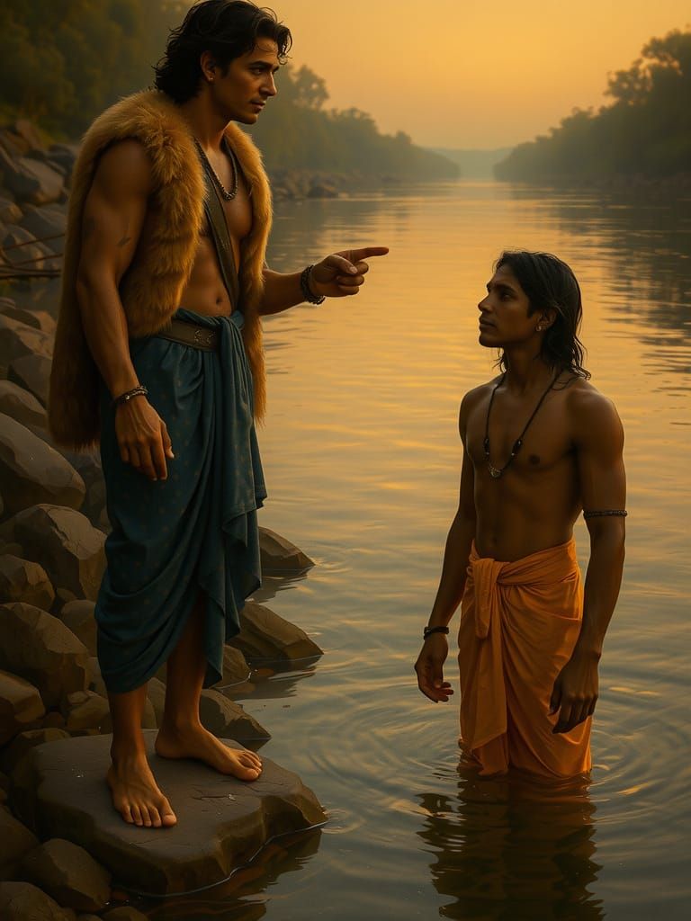 Indian Brothers by a River at Sunset: Golden Light