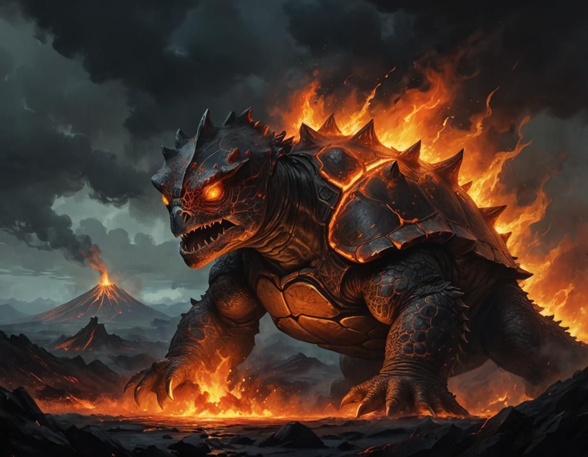 Volcanic Turtle Monster in Epic Fantasy Oil Painting