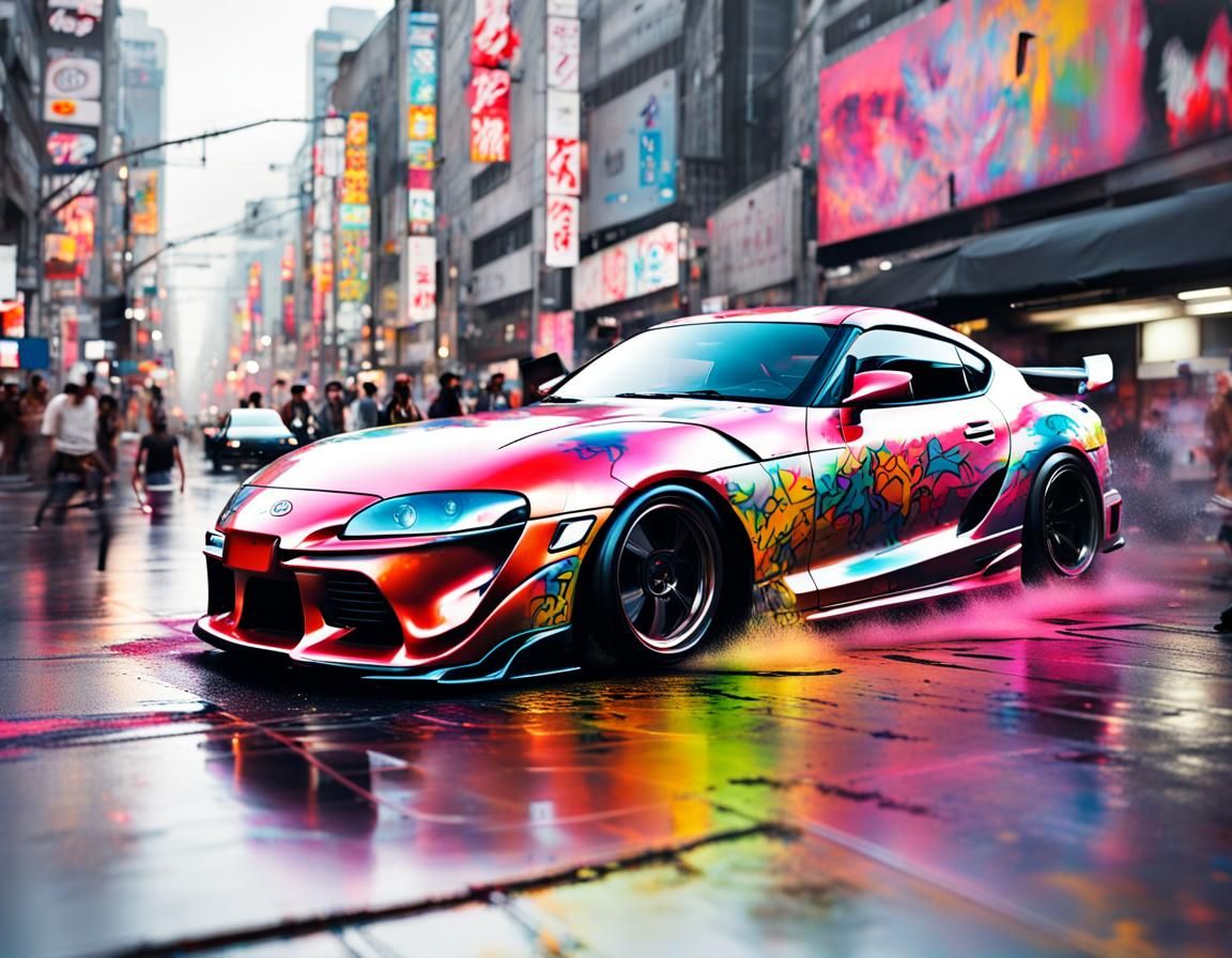 Toyota Supra Cruises Tokyo in Street Art Style