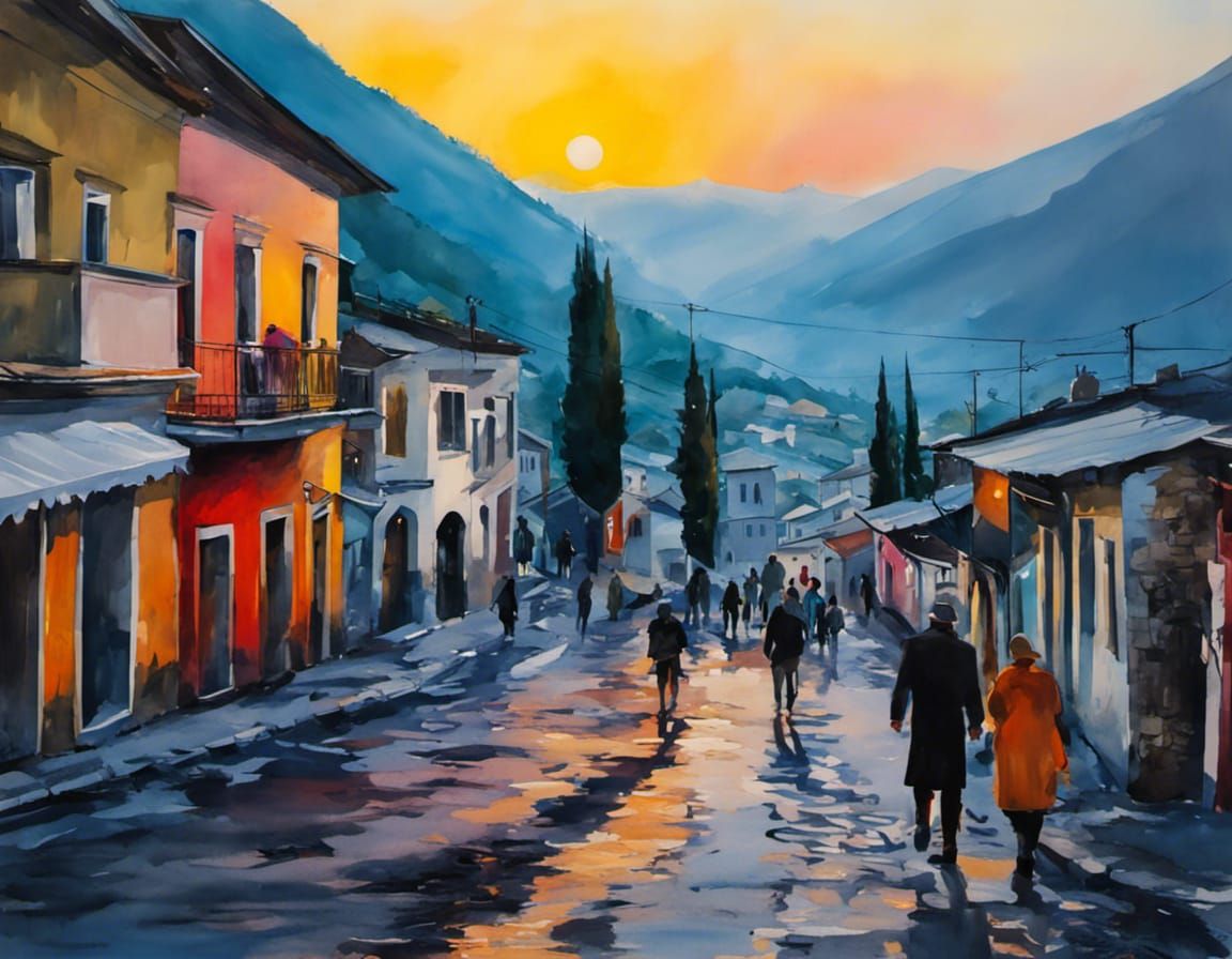 Gjirokaster, Albania Street Scene in Watercolor Style