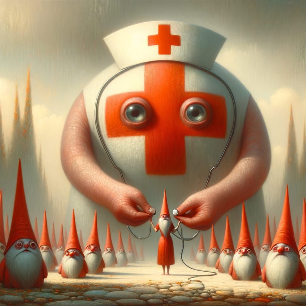 Surreal Red Cross Nurse Tends to Whimsical Gnomes