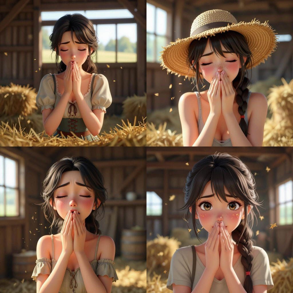 Young Woman Holding Back a Sneeze in Barn, Anime Art