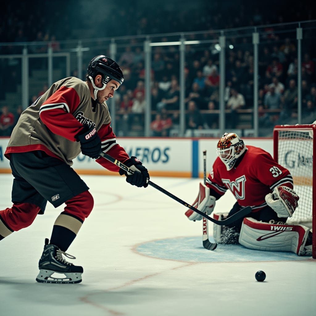Hockey Player's Intense Shot, Cinematic Film Still