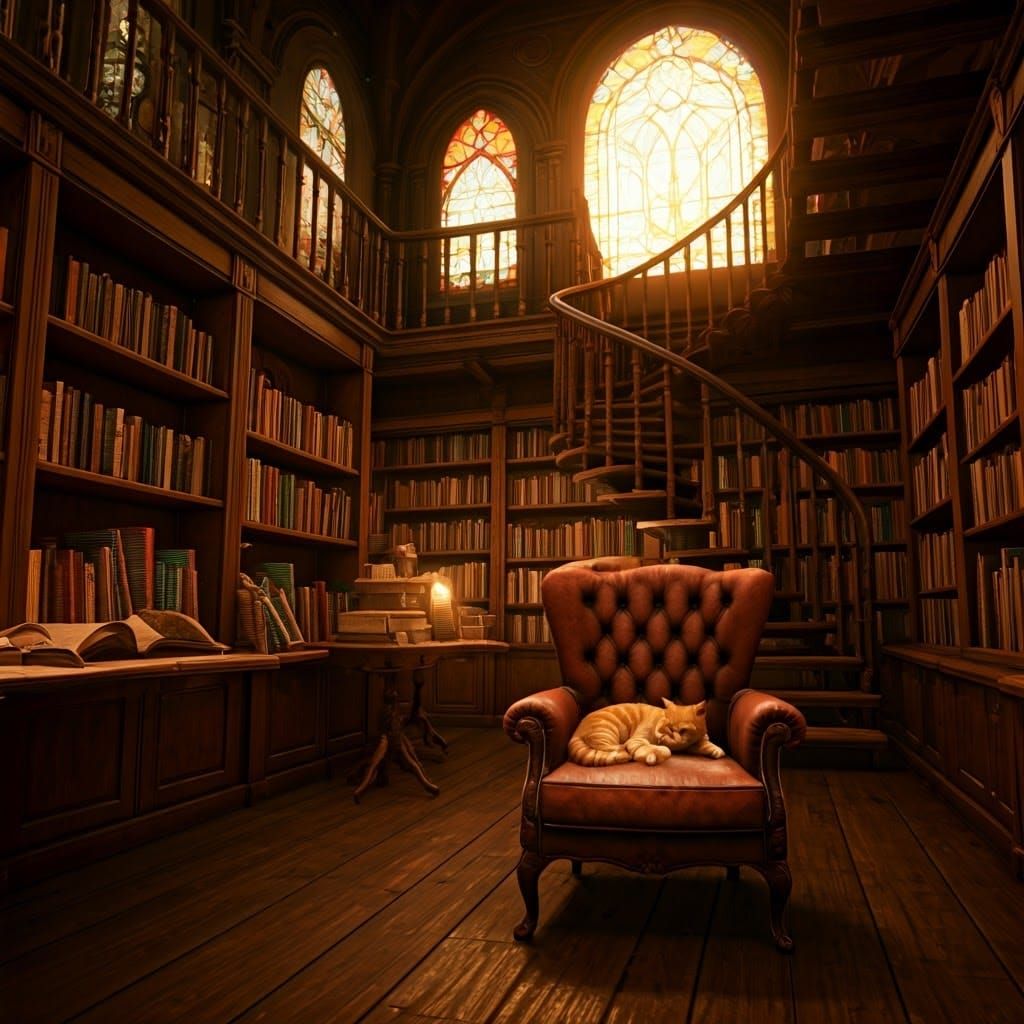 Cozy Bookshop Sanctuary with Ginger Cat and Spiral Staircase