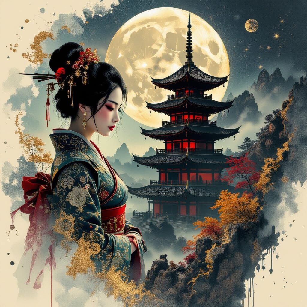 Chinese Warrior Woman in Destructive Matrix Illusion