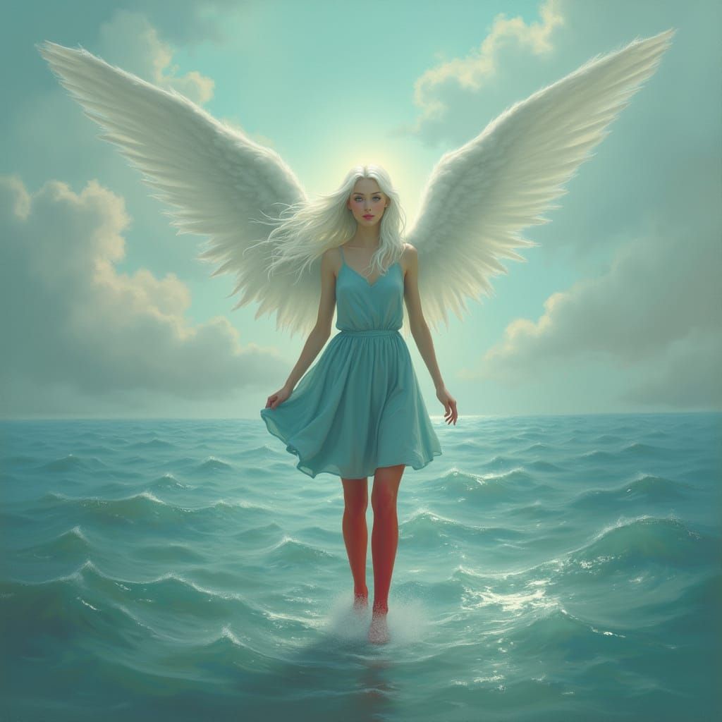 Angel Woman Walking on Sea with Soft Clouds and Gentle Waves