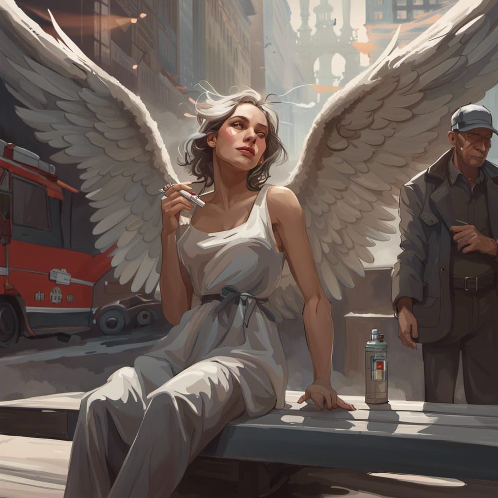 Angel Smoking Amidst Chaos: Digital Art Portrait
