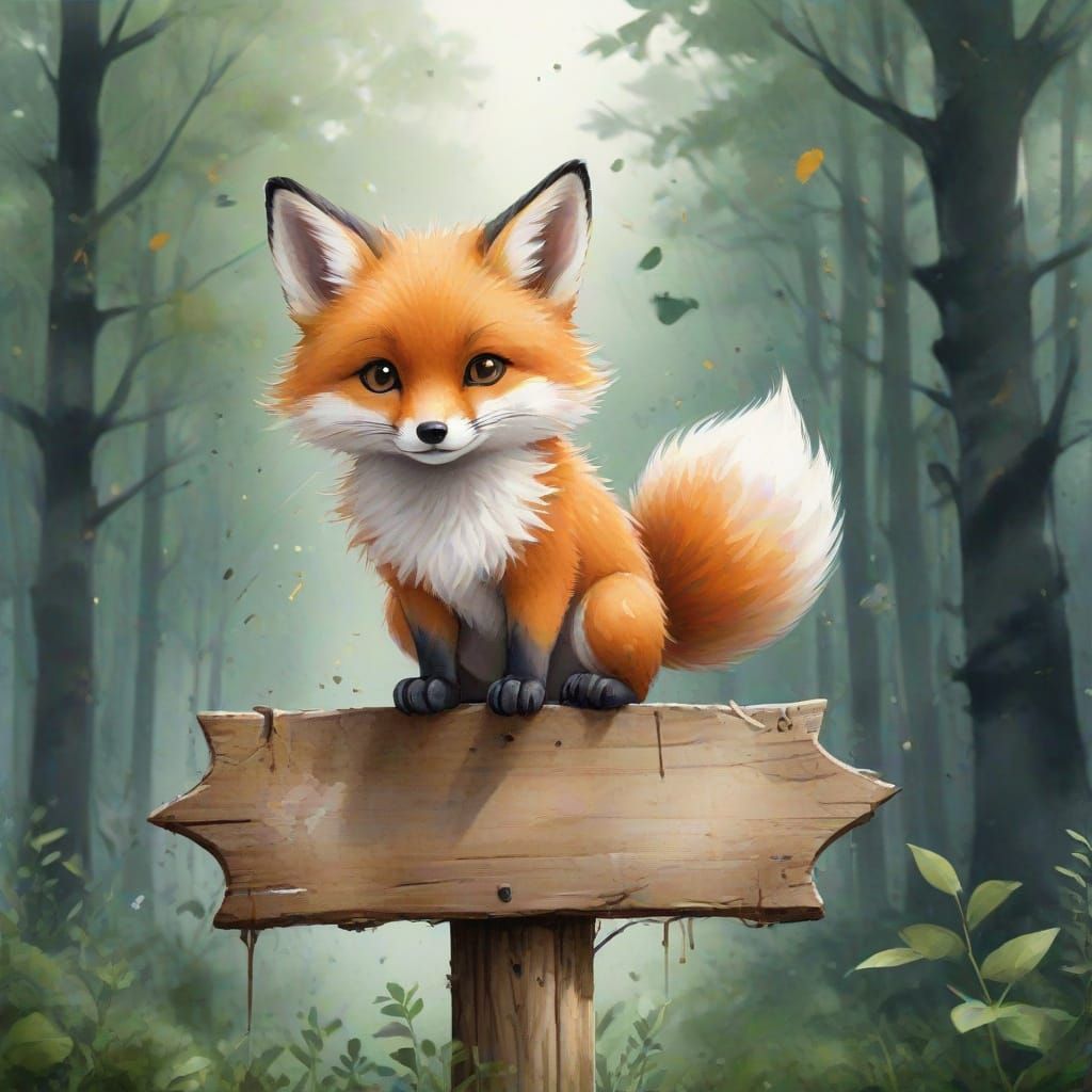 Chibi Fox Leans on Signpost in Whimsical Forest