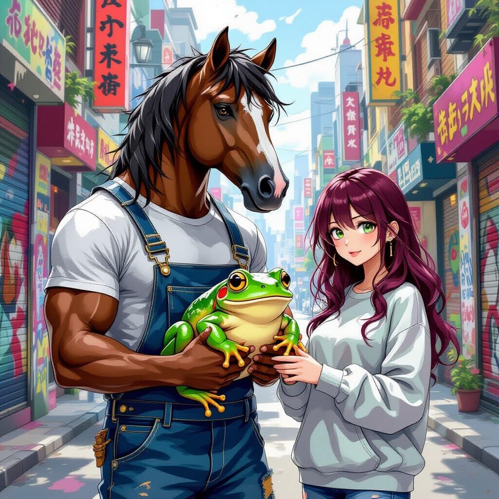 Mythical Centaur and Woman with Frogs in Vibrant Anime Style