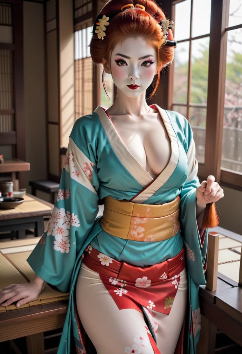 Geisha rousse appuyée sur une table