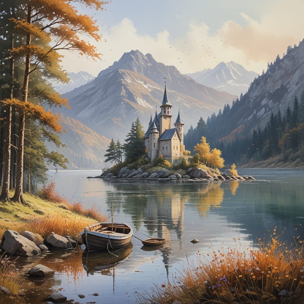 Fairy Tale Castle at Sunrise, Painterly Realism