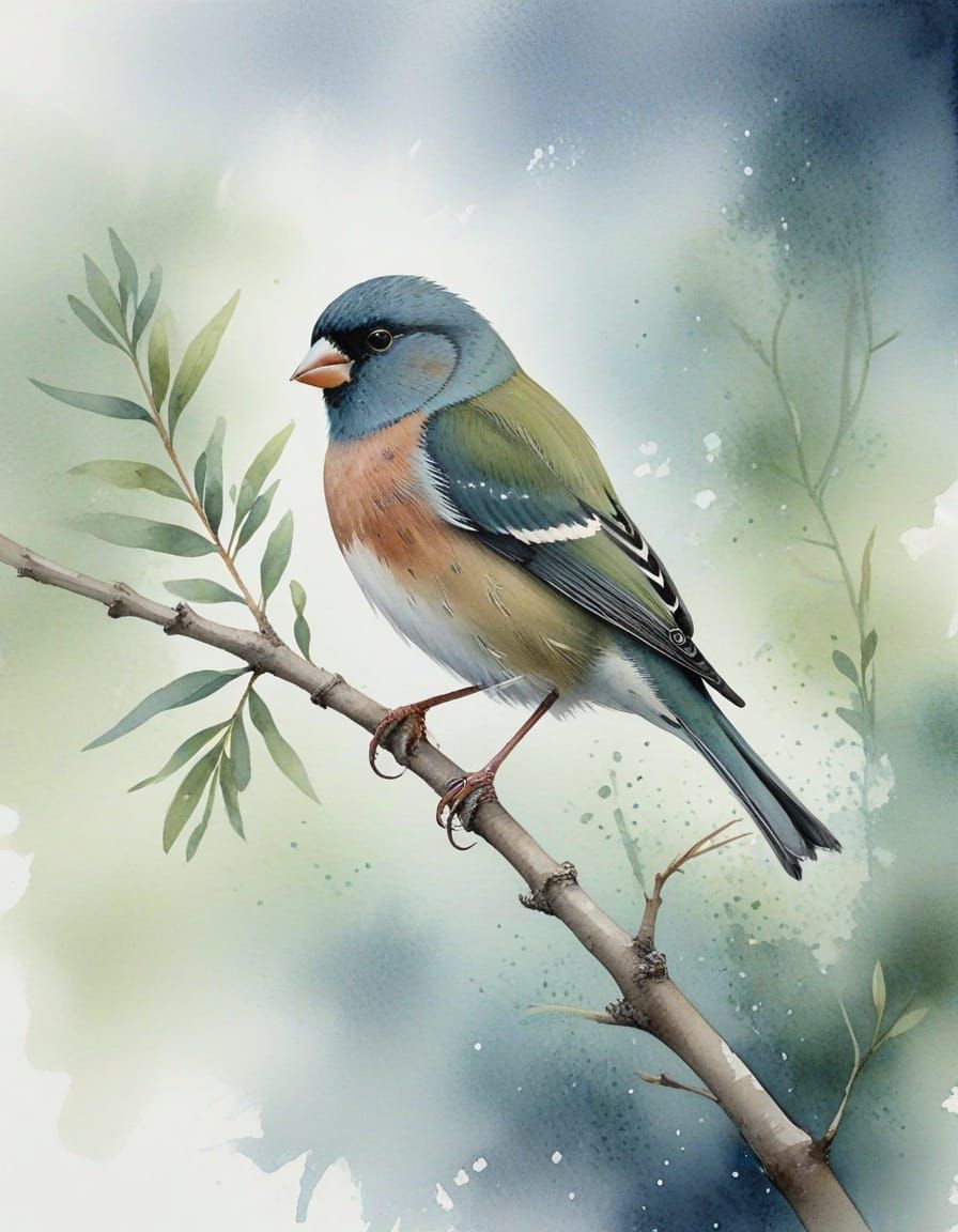 Minimalist Finch Watercolor Art on Branch