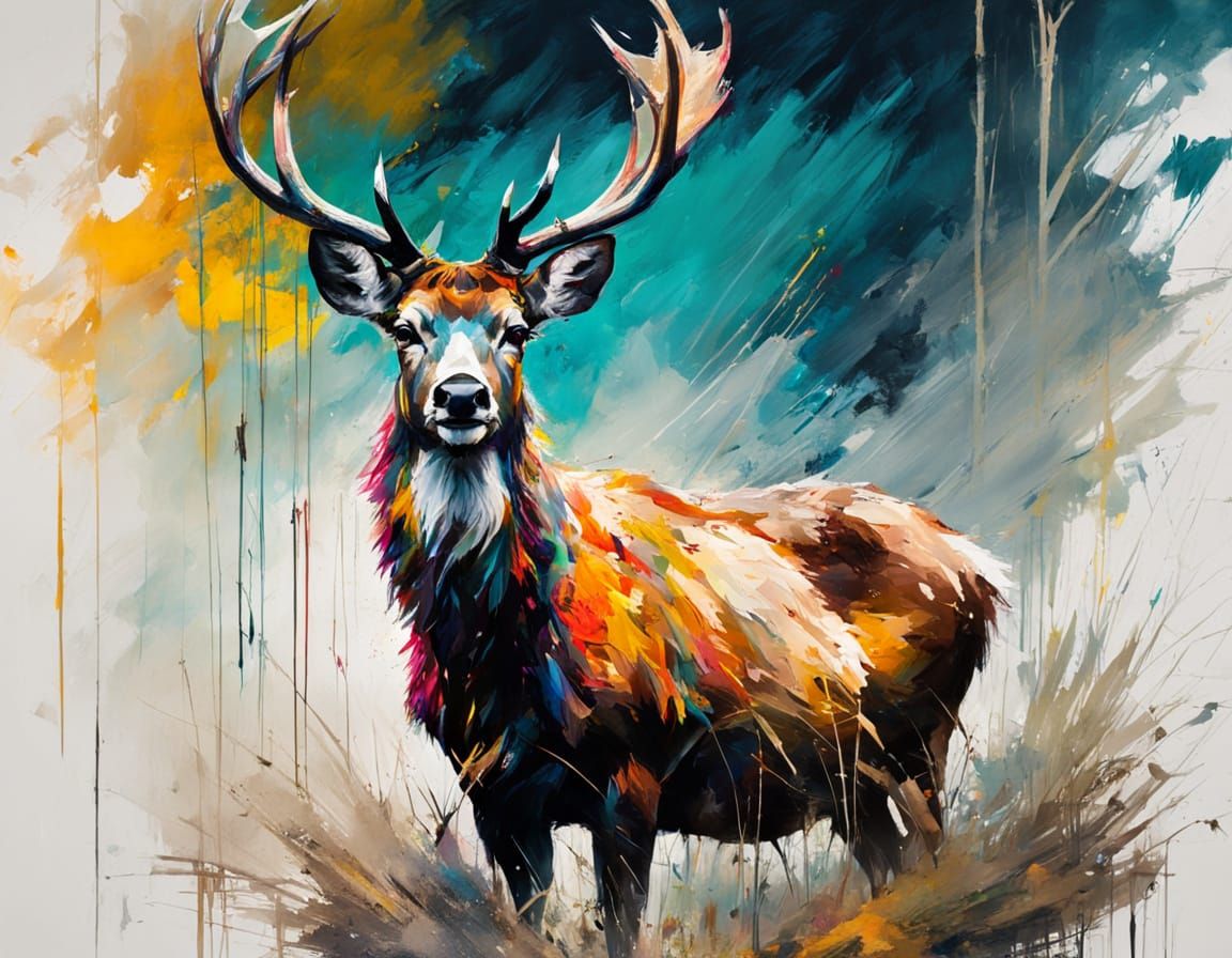 Impressionist Deer in a Nighttime Field