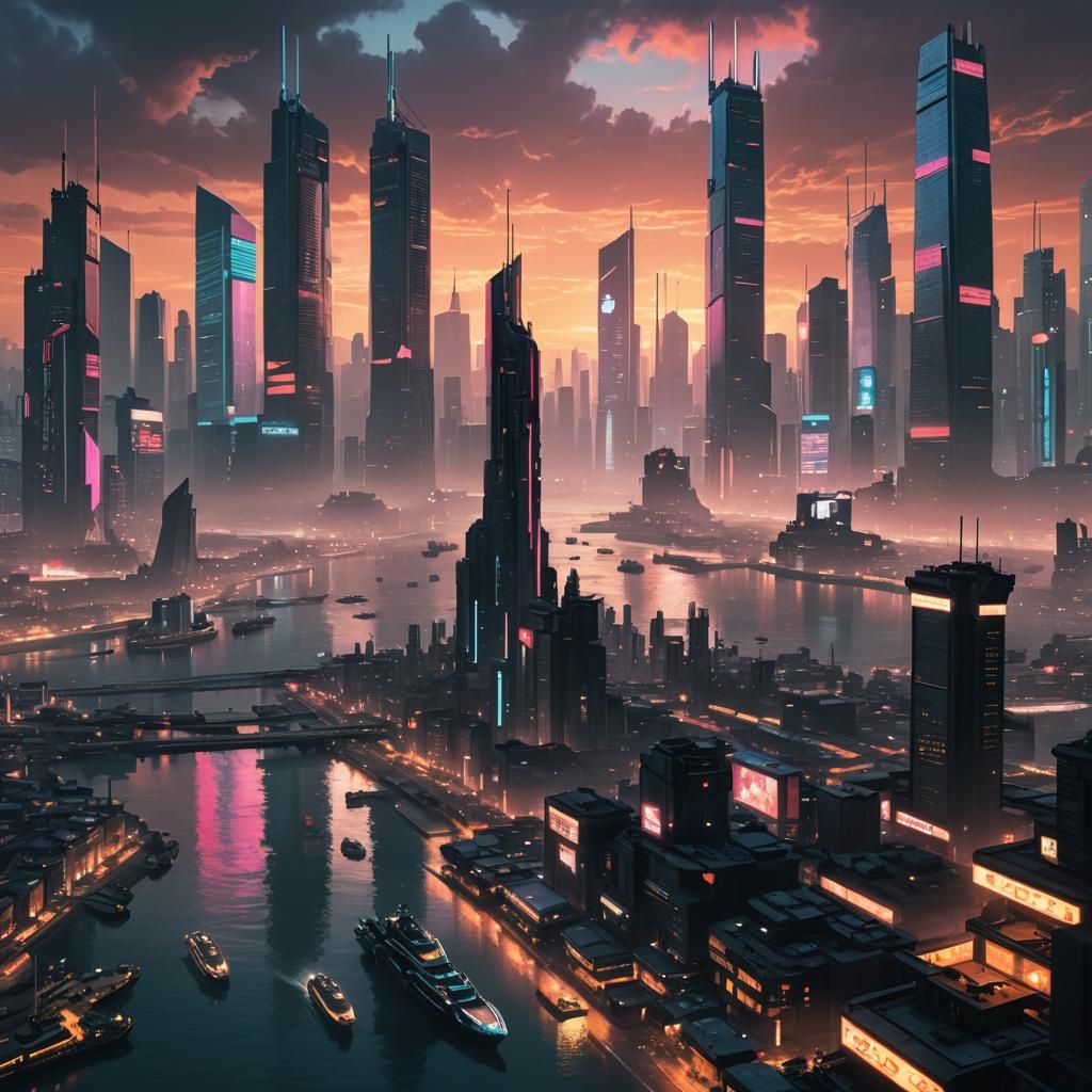 Cyberpunk City Skyline at Sunset with Neon Glow
