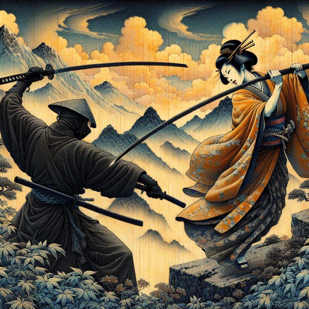 A beautiful asian woman with a naginata fighting a ninja. St...