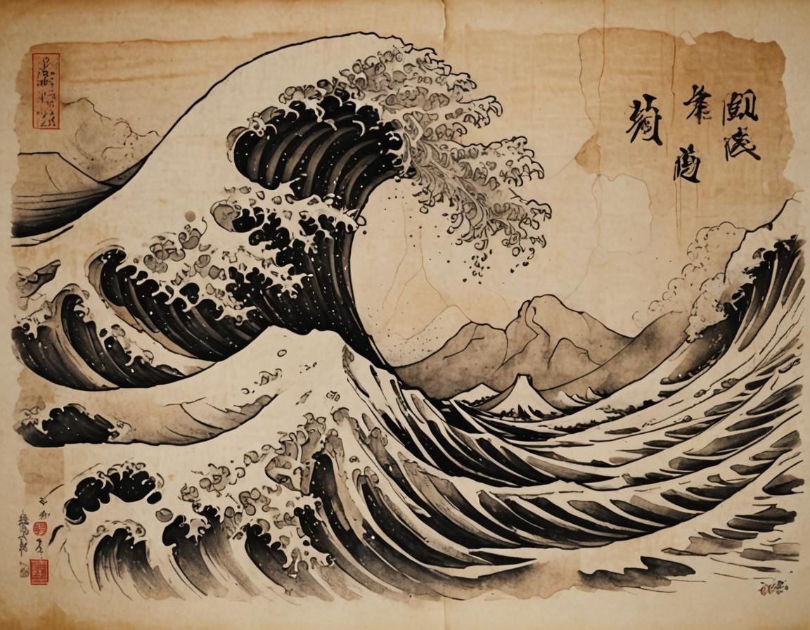 Great Wave in Ancient Art Style on Papyrus