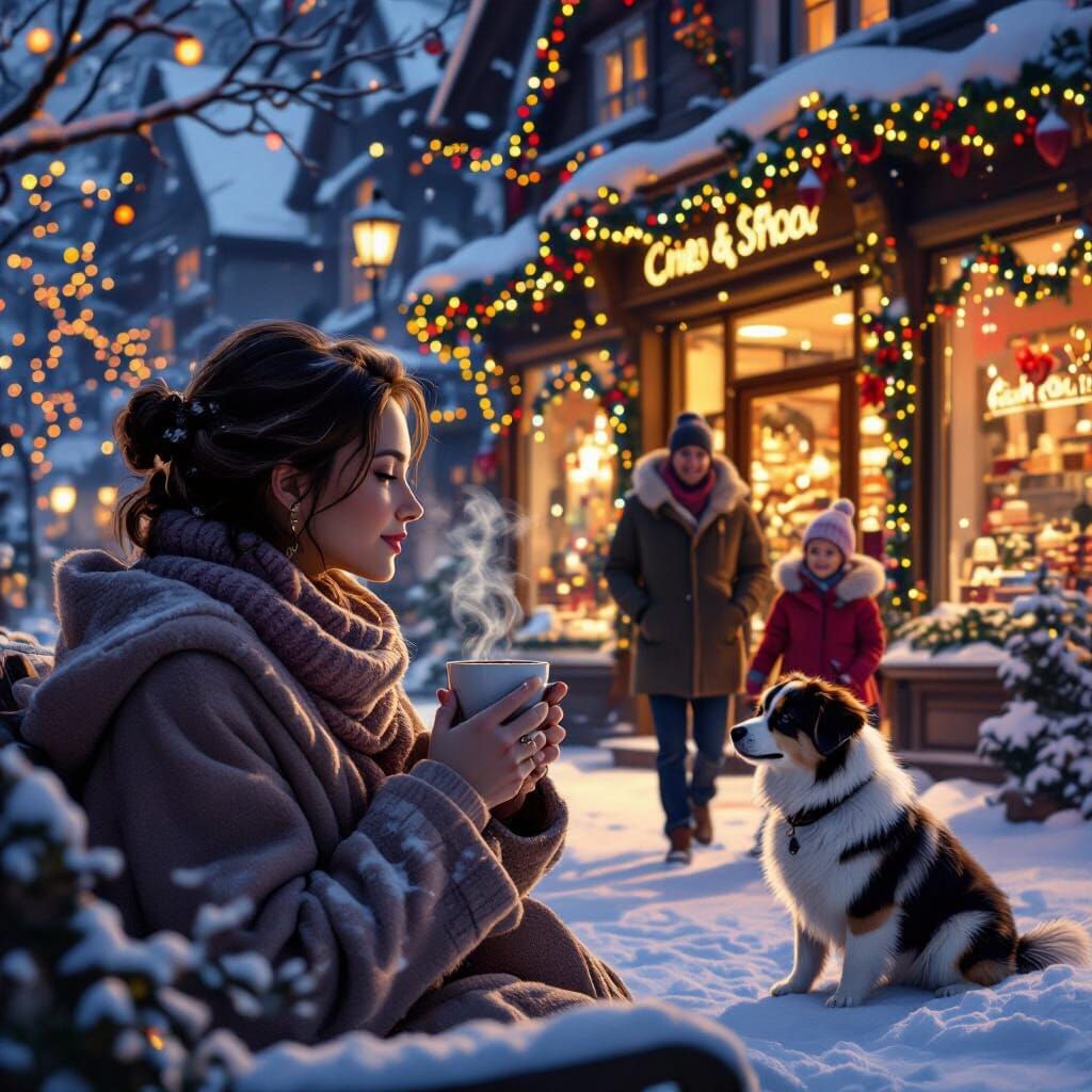 Serene Winter Scene: Lady with Coffee and Dog, Festive Famil...