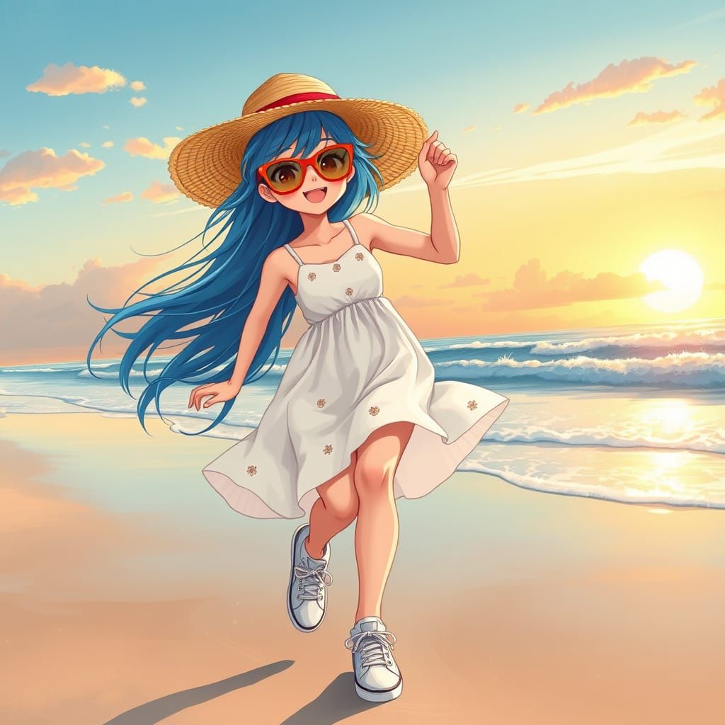 Anime Girl Runs Along Beach at Sunset