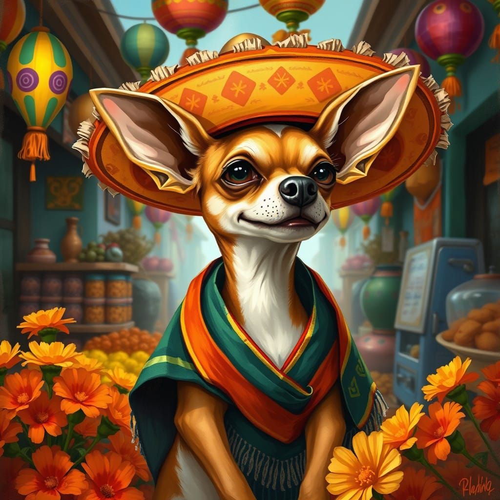 Vibrant Chihuahua Celebrates Mexican Fiesta in Whimsical Art...