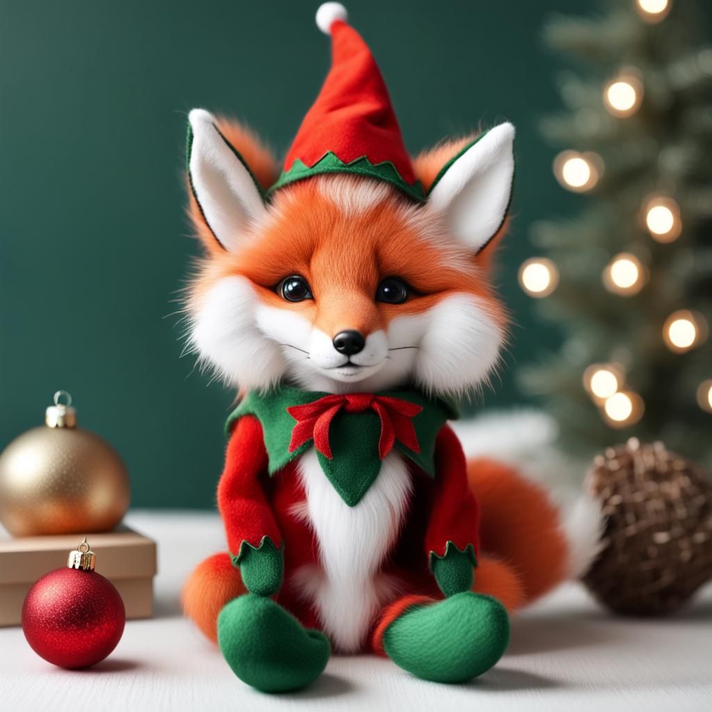 Cute Christmas Elf Fox in Hyperrealism