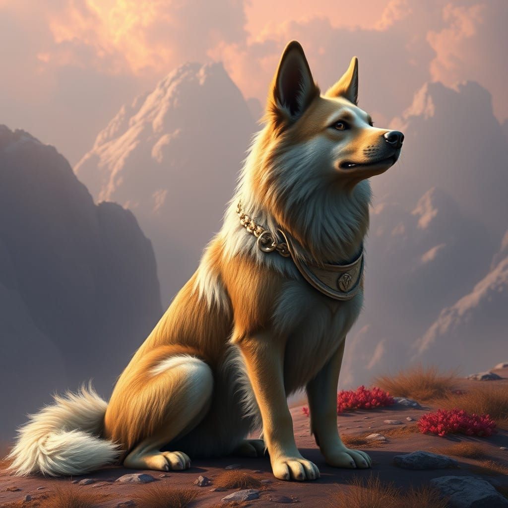 Mythical Fantasy Dog in Vibrant, Dreamlike Scene