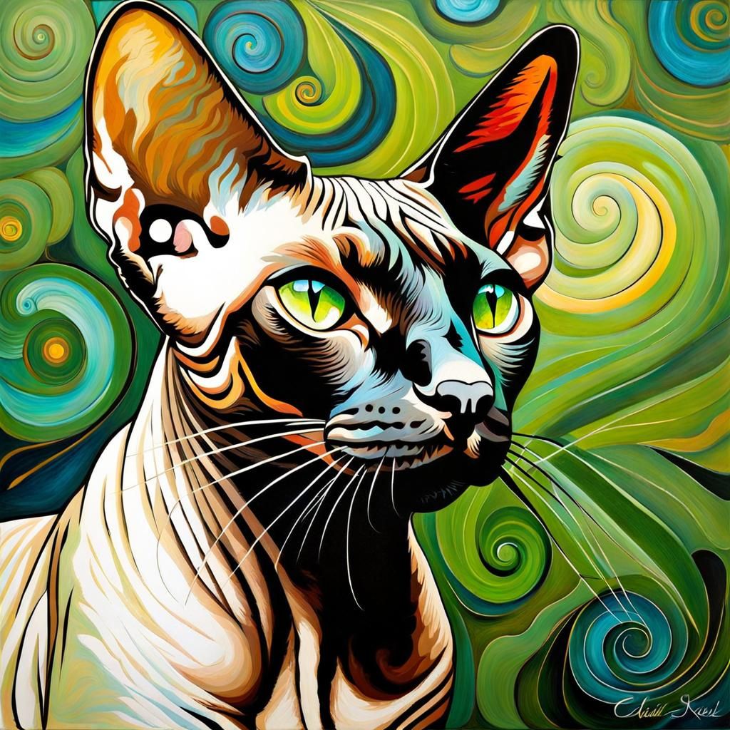 Cat. mixed metaphors and mixed media, a masterpiece painting of a cat, using a mix of styles combining Van Gogh, with sw...