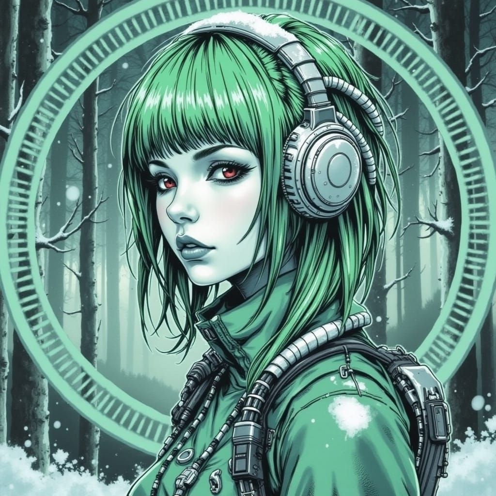 Snowy Cyberpunk Girl in Corroded Biomechanical Forest