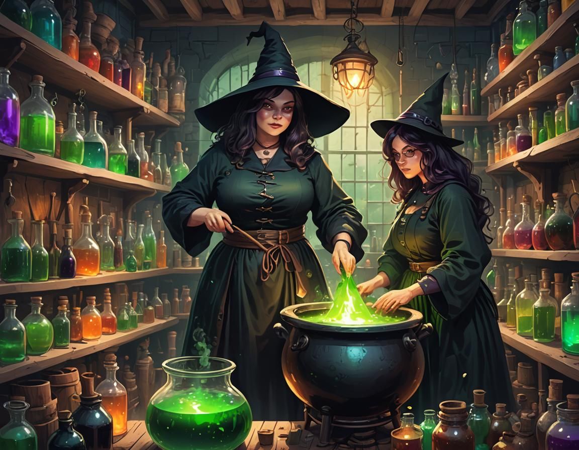 Curvy Witch Stirring Cauldron in Laboratory