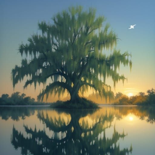 Florida Everglades Willow Tree at Dawn Watercolor
