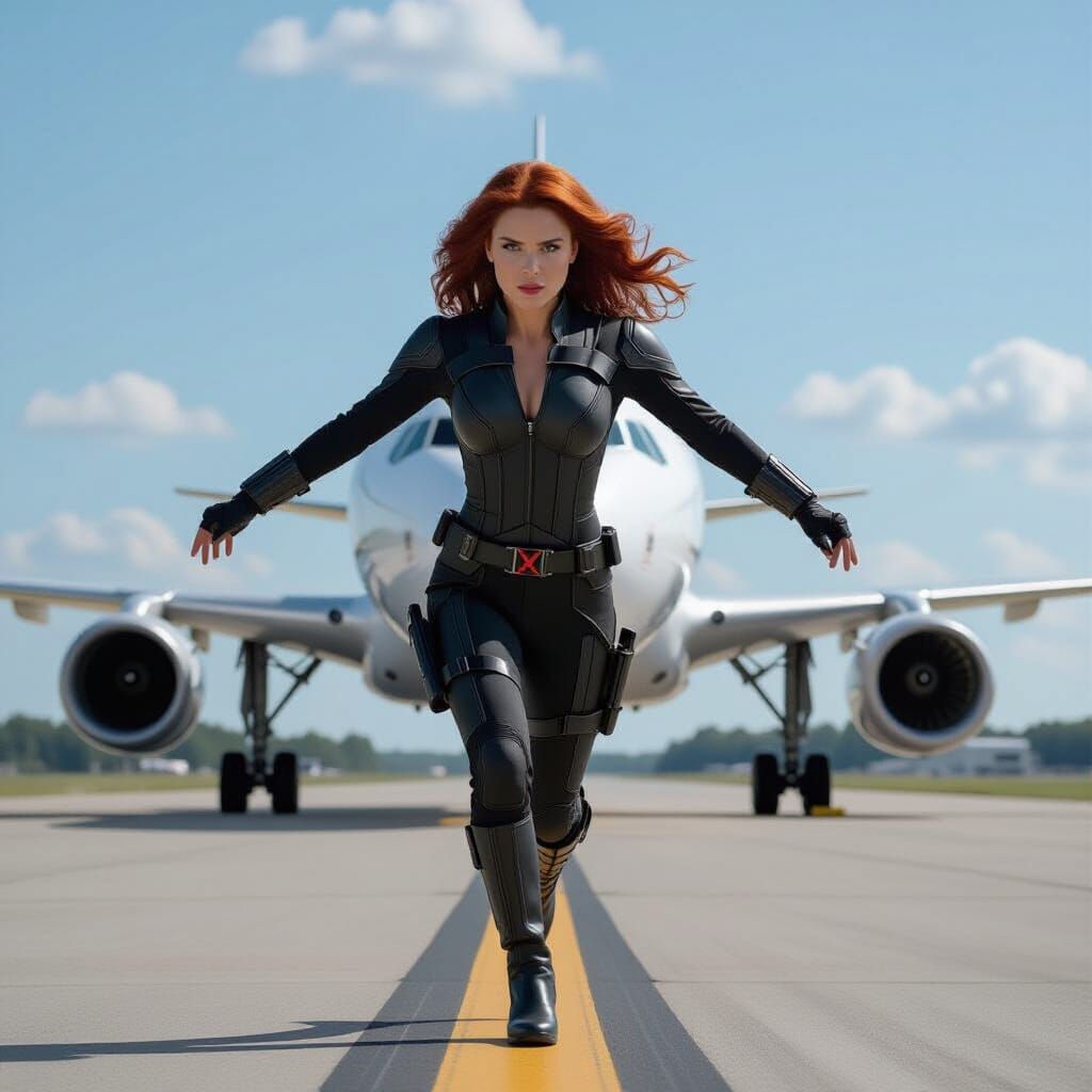 Super Heroine Leaps Onto Jet in Cinematic Action Shot