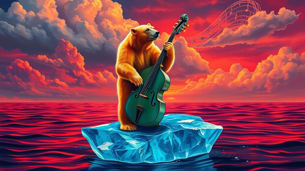 Orange Polar Bear Plays Crystal Bass on Transparent Iceberg