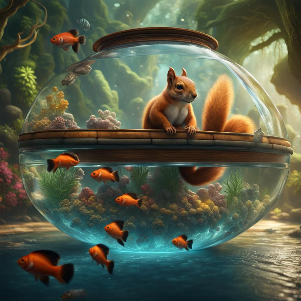Squirrel's Tropical Fish Adventure: Detailed Matte Painting