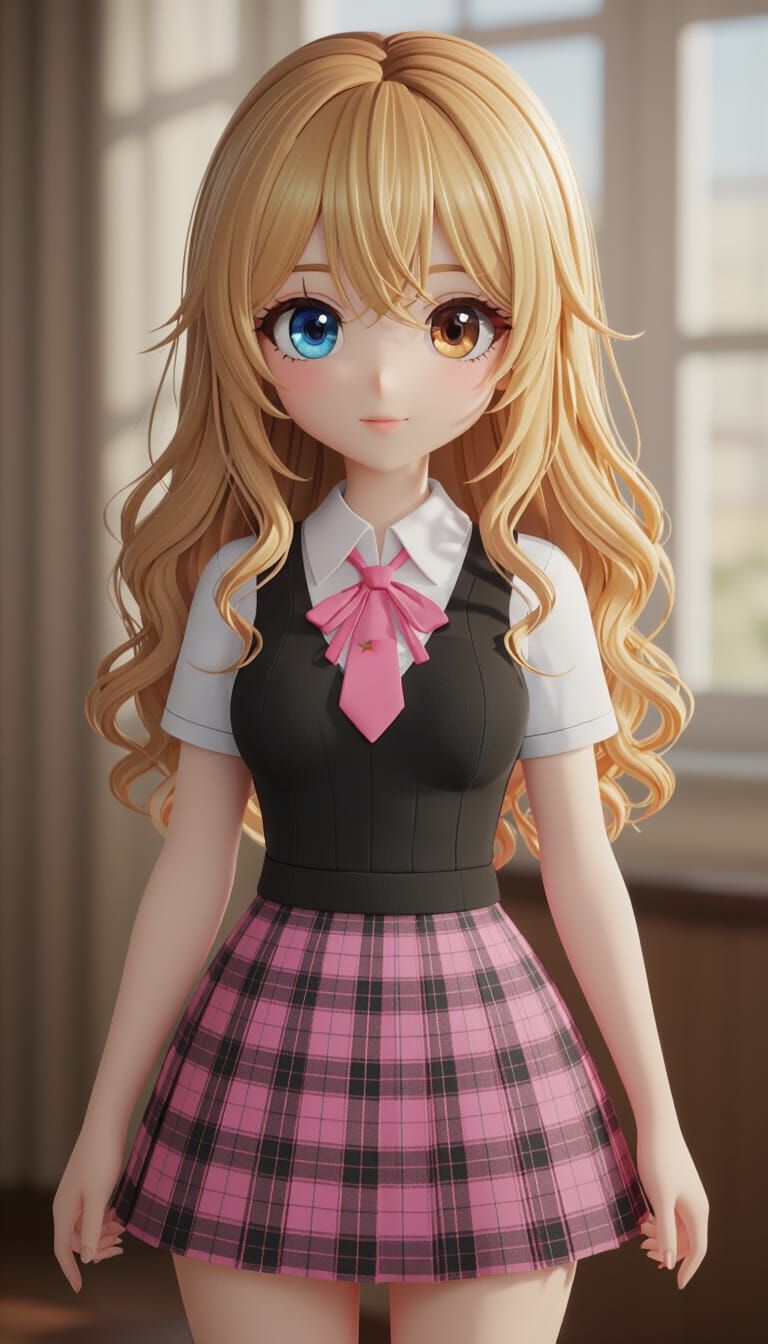 Anime Girl with Heterochromia Eyes and Wavy Blonde Hair