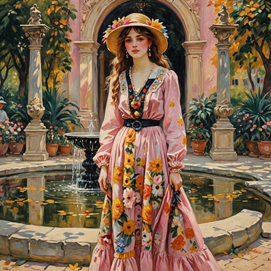 Bohemian Woman at Fountain: Renoir-Style Oil Painting