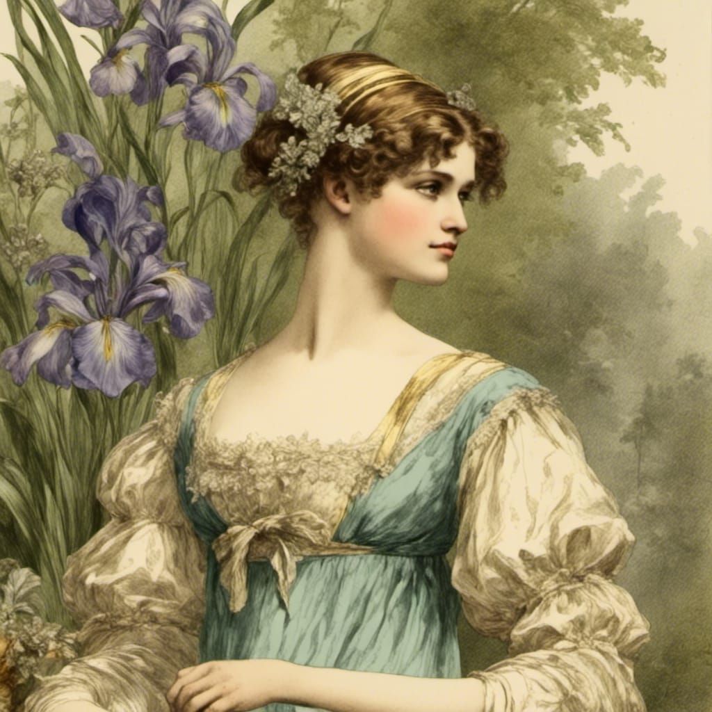 Girl in Regency Gown in Iris Garden