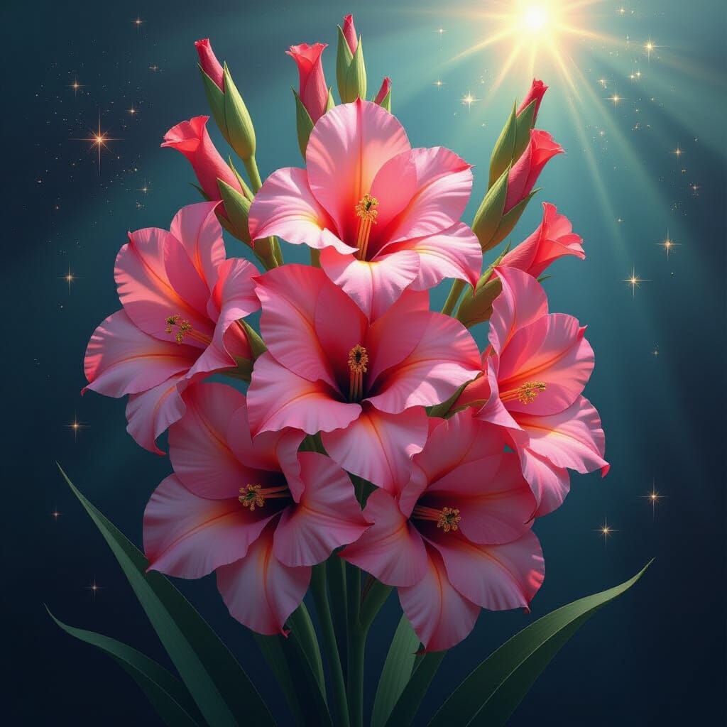 Surreal Gladioli Flowers Morphing into Clockwork and Nebulae