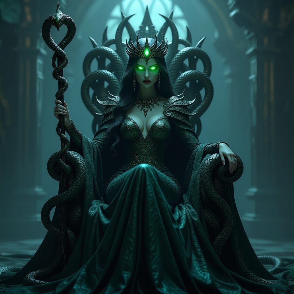 Dark Fantasy Serpent Queen on Snake Throne