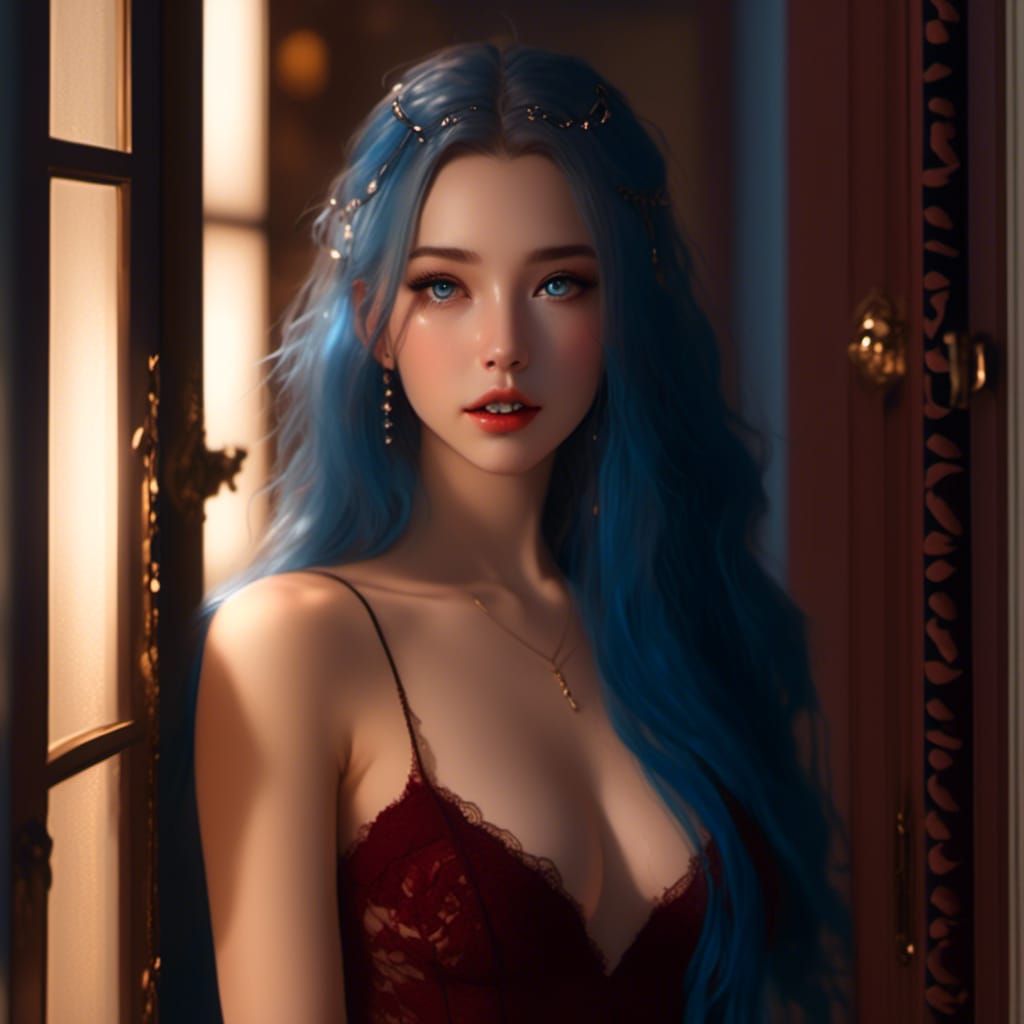 Blue-Haired Woman in Dimly Lit Bedroom