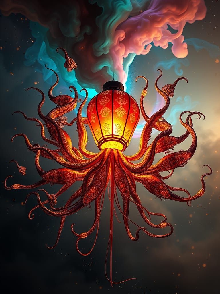 Bioluminescent Squid Lantern in Swirling Ink