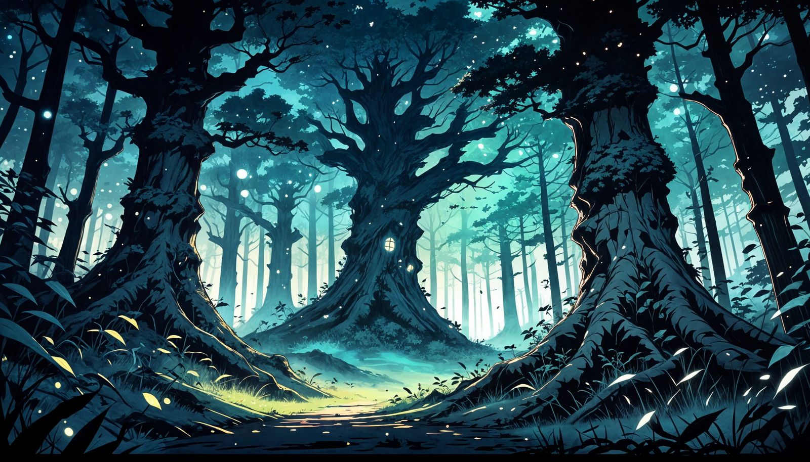Creepy Nighttime Forest in Anime Style