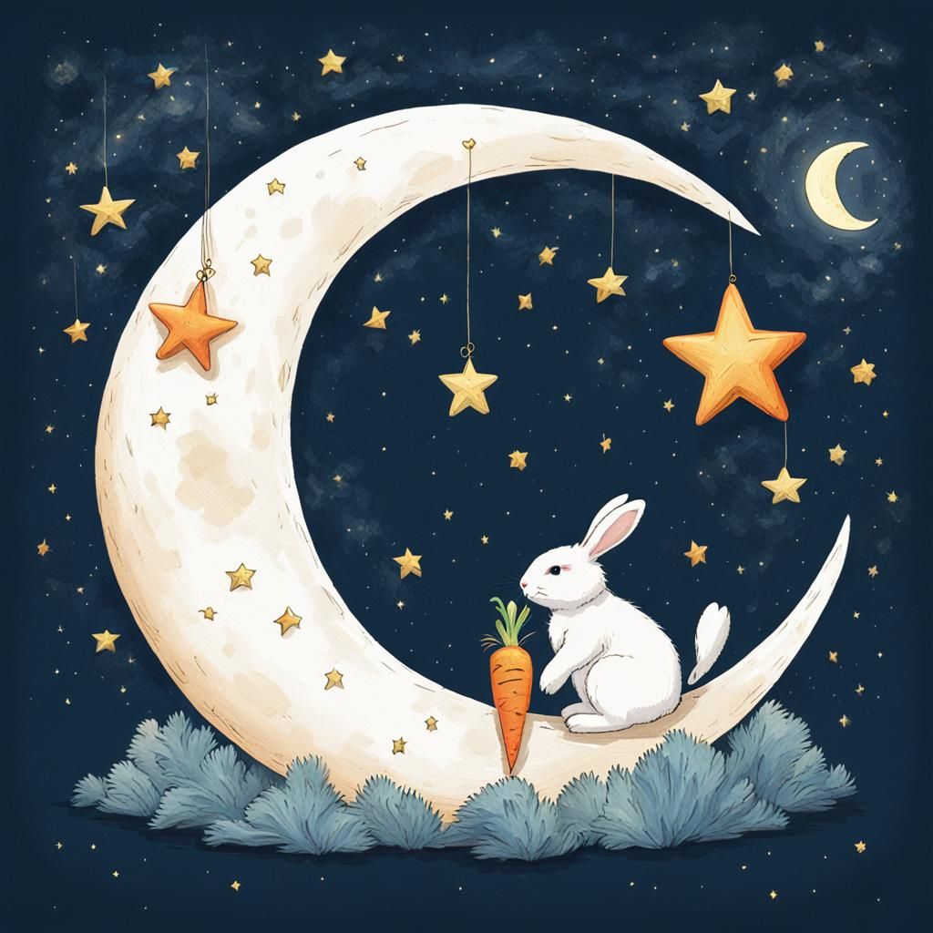 Bunny Nibbling Carrot on Crescent Moon