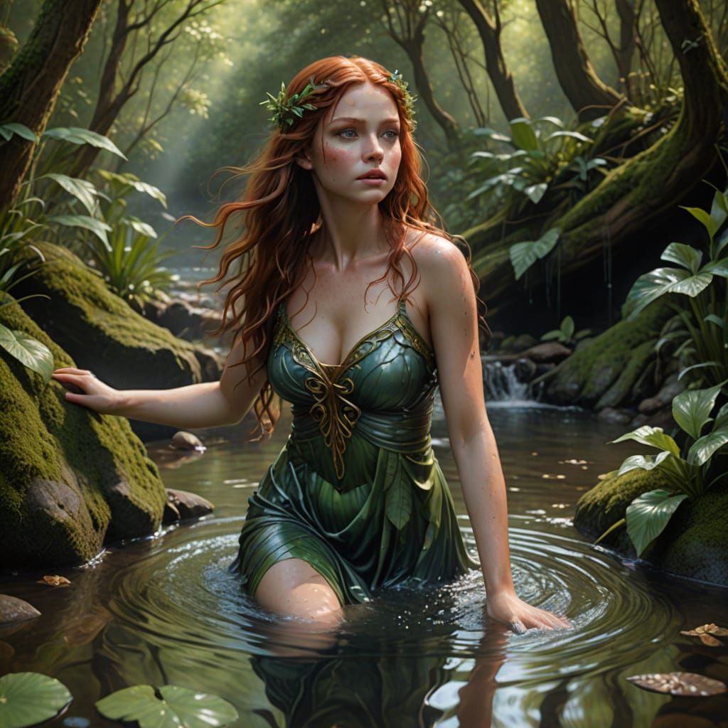 Majestic Water Nymph Emerges from Enchanted Forest Pool