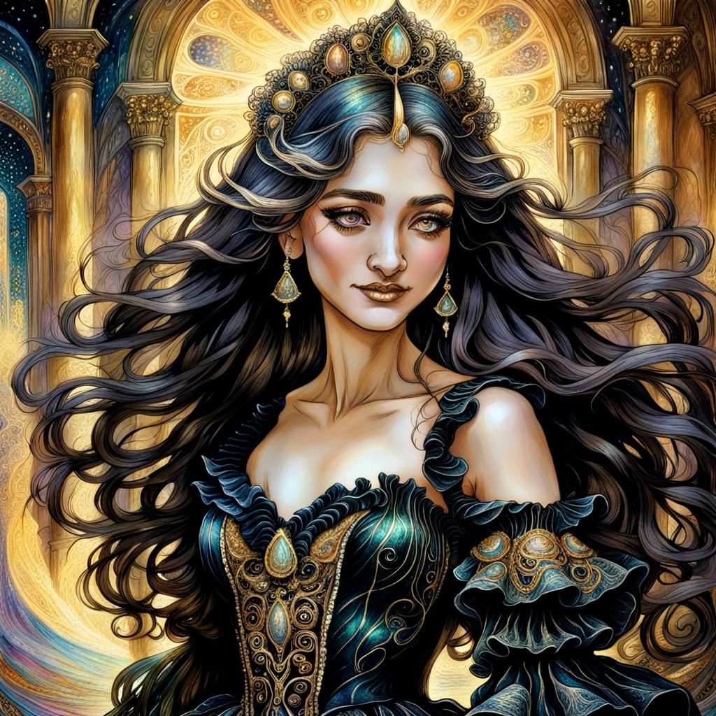 Ethereal Girl in Golden Ballroom, Fine Ink Art