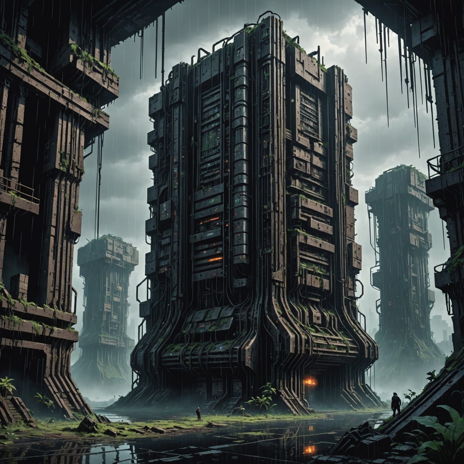 Decaying Biomechanical Supercomputer in Pixel-Art Style