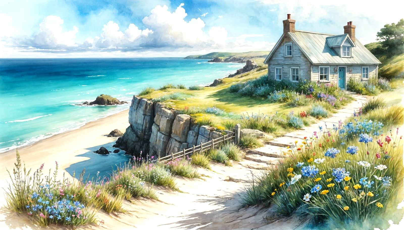 Seaside Stone Cottage in Watercolor Style