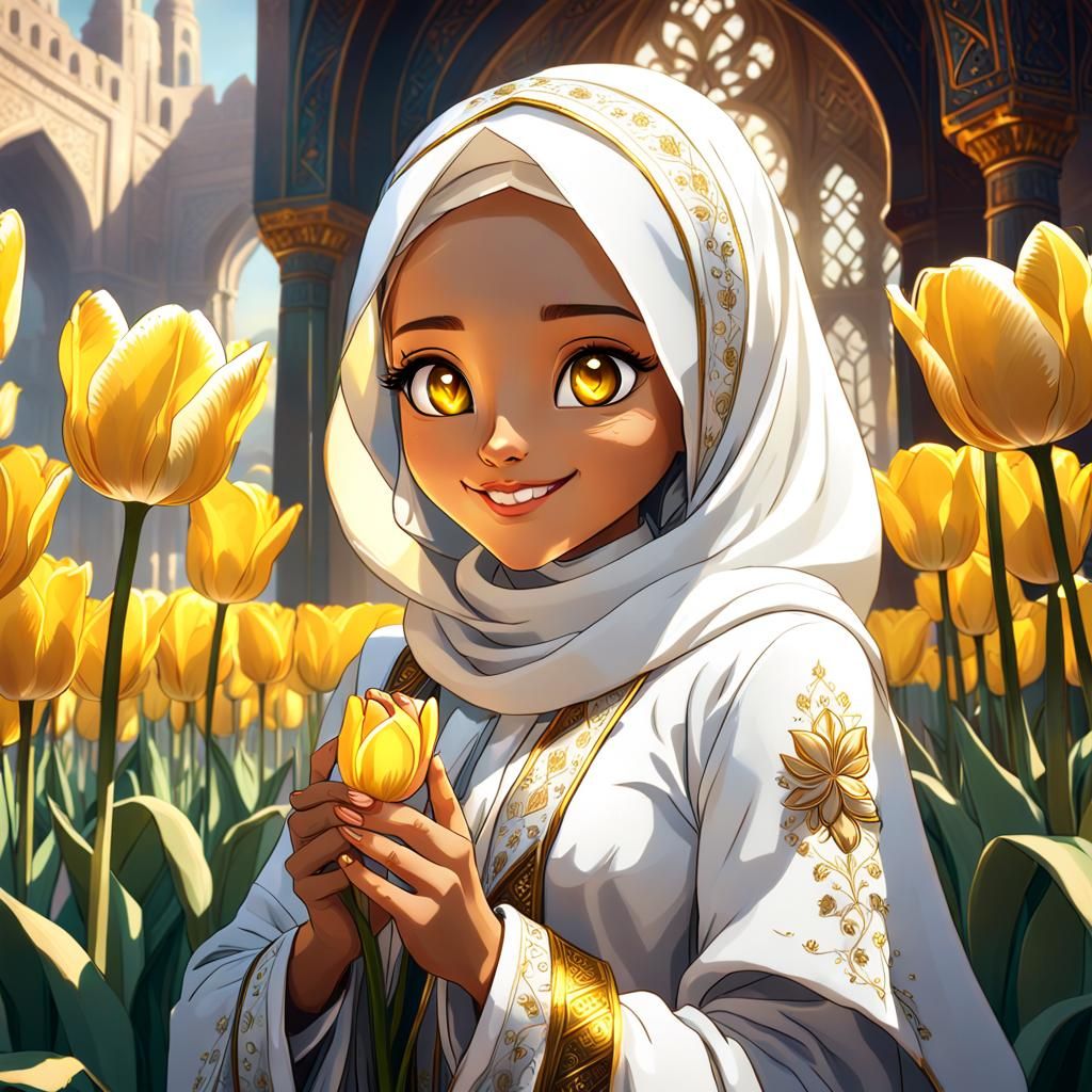 Girl in Hijab Picking Tulip: Fantasy Concept Art