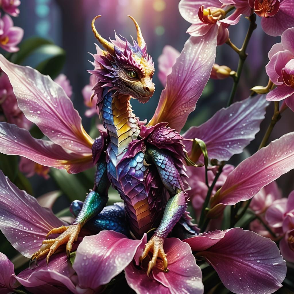 Dragon Fairy on Orchid Petal: Hyperrealistic Digital Art