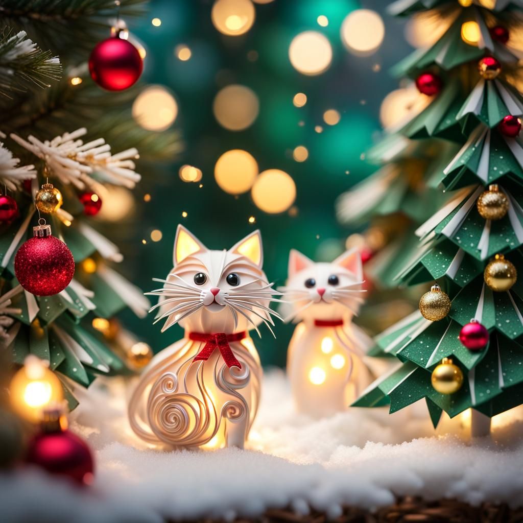 Christmas Tree with Kitty Ornaments in Winter Wonderland