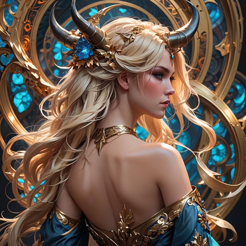 Blonde Demon on Throne in Hyperdetailed Digital Art